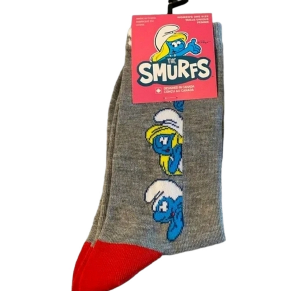4/$25 Smurf Novelty Socks New Gray Red Smurf Characters Collectible Crew Socks